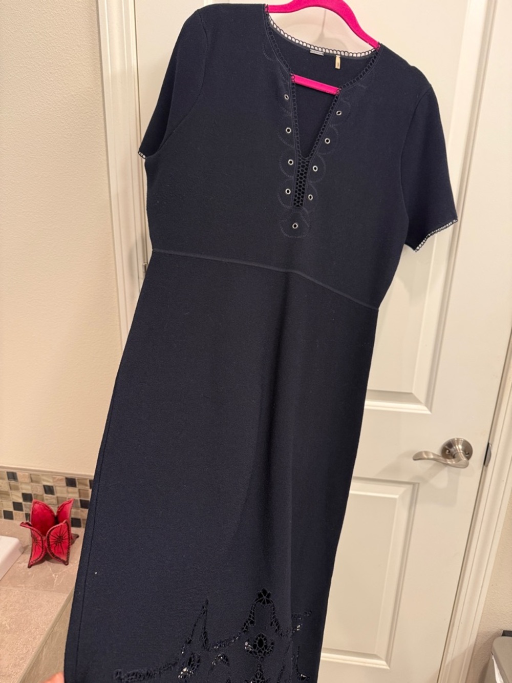 Elie Tahari Short Sleeve Eyelet Detail Midi Dress